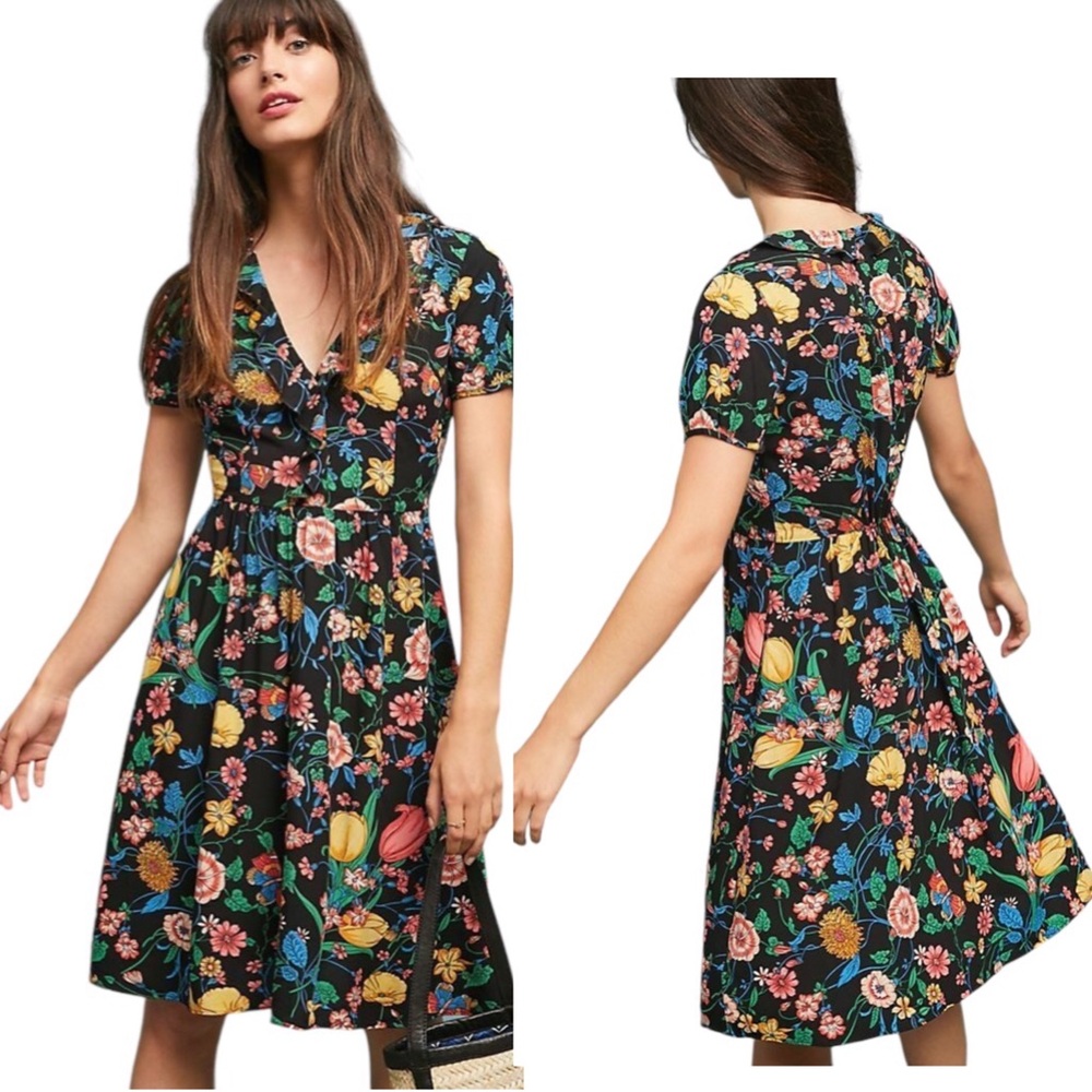 Anthropologie Black Floral Midi Dress with Multicolor Blooms